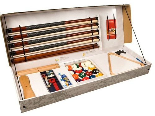 Image displaying the Aramith Crown Standard Kit, including pool cues, ball racks, cue chalk, and other essential accessories, all neatly arranged on a white background.