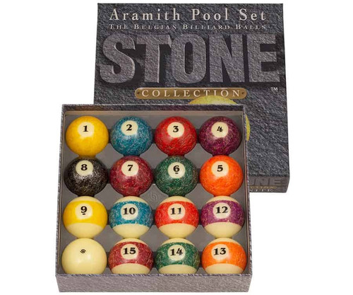 "A complete set of Aramith Stone billiard balls displayed inside the official Aramith box. The set includes 15 stone-patterned balls plus cue ball, highlighting the unique textured design and premium packaging.