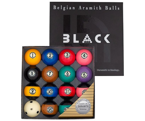 Image showing the Aramith Tournament Black Billiard Ball Set, featuring 15 object balls and 1 cue ball, with a sleek matte black finish, displayed on a white background.

