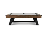 A side view of the Hunter Slate Pool Table reveals its streamlined silhouette and sturdy black metal tapered legs. The natural walnut finish is beautifully highlighted, offering a striking visual contrast with the matte black legs, showcasing a perfect fusion of warmth and modern style.

