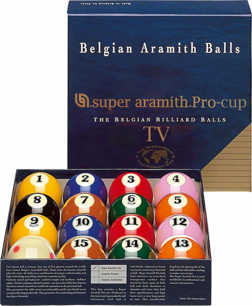 The Super Aramith Pro TV Edition billiard ball set featuring the Pro-Cup cue ball. Includes TV-optimized colors and enlarged numbers for improved visibility.

