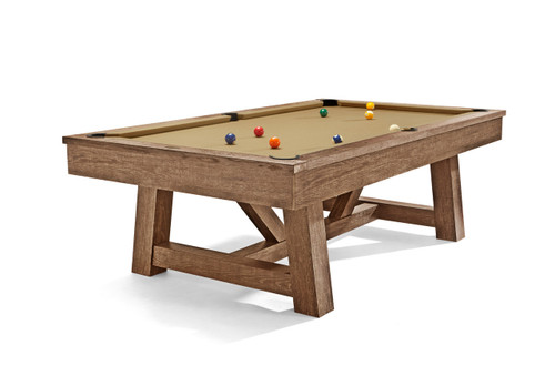 "Botanic Slate Pool Table in Rustic Dark Brown shown at a 3/4 angle on a white background, highlighting its clean lines, angular legs, and premium slate playing surface for a modern aesthetic.
