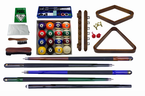 The Plank & Hide Classic Billiards Accessory Kit displayed on a white background, including pool balls, cues, cue rest, rack, brush, vinyl cover, and more, highlighting the premium quality and craftsmanship.