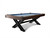The Portland Slate Pool Table by Nixon Billiards is displayed at a ¾ angle, showcasing its rustic hardwood cradle and industrial matte black X-style steel legs. This clean white background image highlights the table’s bold silhouette and upscale materials, exclusive to SawyerTwain.com.