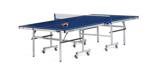 ¾ angled view of the Brunswick Smash 5.0 Indoor Table Tennis Table featuring a bold blue surface, white deck graphics, and foldable frame with built-in paddle storage.
