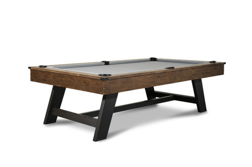 This 3/4 angle shot showcases the Hunter Slate Pool Table in Brushed Walnut Finish with sleek black metal tapered legs. The image highlights the elegant contrast between the rich walnut wood and the bold black metal legs, emphasizing the table’s modern industrial design. The clean lines and refined construction make this pool table a standout piece in any game room.
