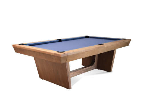 Doc & Holliday Kaci Slate Pool Table in Glazed Maple with Academy Blue felt, shown in an angled three-quarter view highlighting the modern leg design.