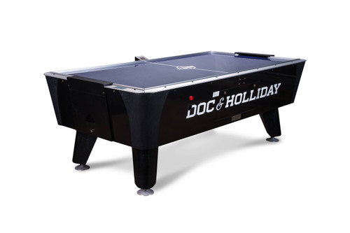 Doc & Holliday x Dynamo Pro Air Hockey Table showcased on a pristine white background, highlighting its sleek black body and bold dual branding that underscore its premium, tournament-caliber design.