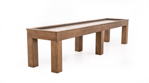 Doc & Holliday Paula Parsons Shuffleboard Table in a glazed maple finish, featuring a sleek, contemporary design with recessed scoring and solid maple wood construction.