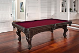 Brunswick Santini Slate Pool Table featuring a rich espresso finish, ornate carved legs, and intricate veneer detailing for sophisticated game rooms.