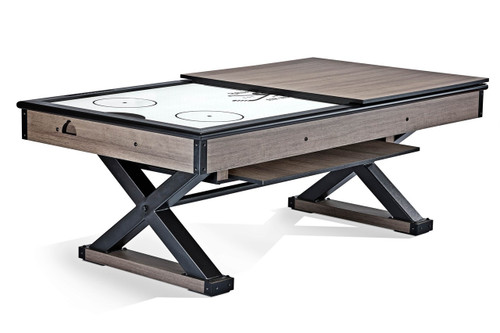**3/4 Hero Image – Dining Top (Leaf Design) Halfway On (White Background)**  
A bright, family-friendly shot capturing the Brunswick Premier Air Hockey Table with its dining top leaf partially in place against a white backdrop. The weathered oak finish and steel “X” legs pop against the clean background, showcasing the table’s playful yet refined style. Half the leaf is installed, revealing an easy transition from a full-throttle air hockey match to a convenient dining or activity surface—perfect for family pizza nights, crafting sessions, or quick snacks between games. The remaining leaf, designed to **store neatly underneath** the table, underscores the versatility and thoughtfulness of this design. This hero image invites viewers to imagine the Premier Table as a central gathering spot for fun, creativity, and tasty meals—all in one sleek, modern-industrial package from Sawyer Twain.