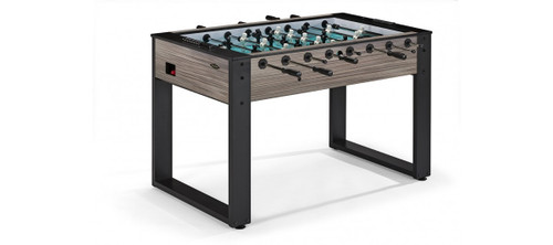 Brunswick Striker Foosball Table – Front view showcasing the sleek cabinet design and vibrant green playfield that defines its upscale aesthetic.
