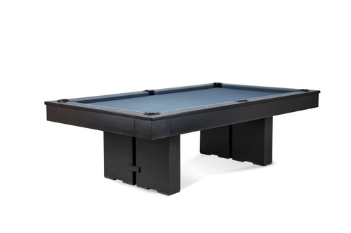 Jackies Pool Table by Doc & Holliday in a sleek black finish, showcasing bold column-style legs, customizable finishes, and Championship felt options. Crafted with true 1-inch, three-piece slate for professional gameplay, this Made in the USA luxury pool table is ideal for modern, high-end game rooms. Exclusively available at Sawyer Twain.