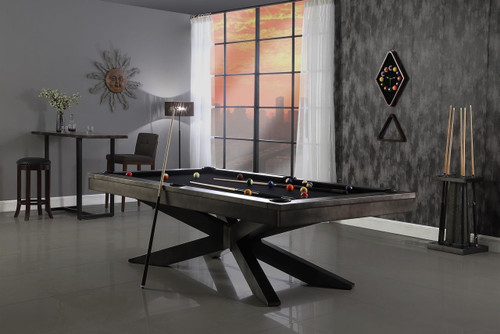 Plank & Hide Felix 8' Steel Slate Pool Table with modern industrial design, featuring a sleek gunmetal finish and premium steel construction, perfect for luxury game rooms and commercial spaces.