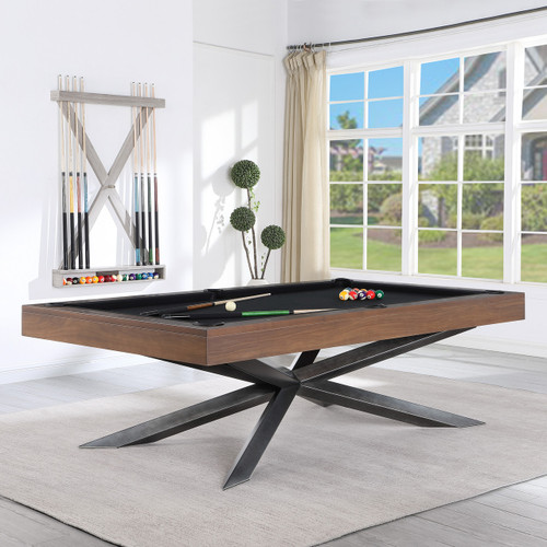 Stella Slate Pool Table by Playcraft styled in a contemporary interior. Features warm walnut finish and sculptural star-style metal legs in a game-ready setup.