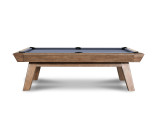Side angle view of the Nixon Desyn Pool Table featuring Gray Walnut finish and clean-lined ash wood frame. Showcases the modern squared legs and warm tones perfect for contemporary interiors.