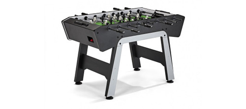 ¾ view of the Brunswick Corner Kick Foosball Table in matte black and silver, highlighting its compact profile and sleek design against a clean background.