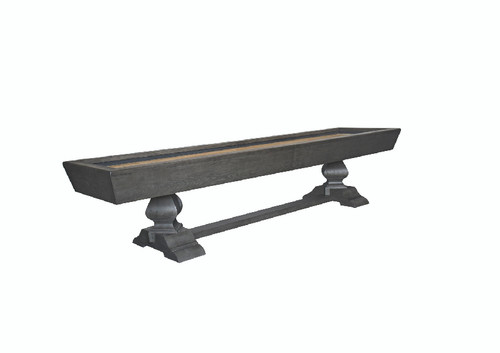 :
"The Birdy 12' Shuffleboard Table by Nixon Billiards in Grayson Grey finish, captured in a ¾ angle on a sleek white background. The contemporary pedestal leg design and clean lines of the table create a striking visual statement, while the weathered slate finish adds a touch of rustic elegance to your modern game room.