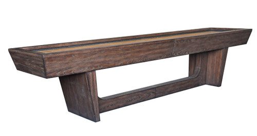 ¾ Hero View – White Background: A ¾ front angle of the Nixon Billiards KAI 12' Shuffleboard Table, showcasing its sleek mid-century modern design with a rich Grey Walnut finish. The pedestal-style base with tapered legs gives the table a minimalist yet refined appearance, perfectly fitting into any contemporary game room or commercial space.