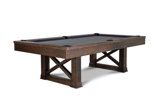 Nora Slate Pool Table by Nixon Billiards in Brown Wash, featuring a solid wood frame with a rich, warm stain. Designed with farmhouse contemporary charm, this pool table includes a tournament slate playfield, K66 cushions, and genuine leather drop pockets for an authentic billiards experience. Optional dining top, storage benches, and wall rack available. Free shipping USA.

