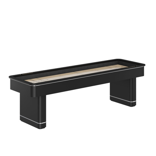 Set against a clean white background, this full-length hero image of the 9FT Deco Shuffleboard Table by Plank & Hide presents the table in its most refined and unfiltered form. The deep black hardwood finish, paired with shimmering brass diamond inlays, creates a dramatic visual contrast that feels at home in both modern and classic interiors. The white backdrop allows designers and luxury buyers to focus on the table’s seamless lines, sleek form, and architectural silhouette without distraction. Ideal for showroom-style visual merchandising, this shot embodies the Deco’s blend of timeless elegance and tournament-grade function—ready to anchor any upscale game room.