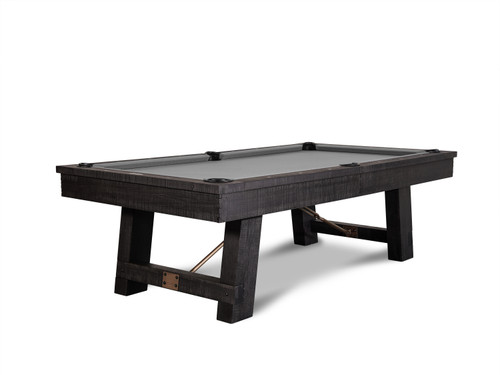 A clean, high-quality shot of the Isaac Slate Pool Table in Distressed Black & Gold finish, displayed against a white background. The table's oversized gold turnbuckles, genuine leather drop pockets, and 1” 3-piece slate are clearly visible, showcasing the table’s luxury craftsmanship and industrial design. The Distressed Black finish creates a striking contrast with the gold accents, making it a standout piece for any space.