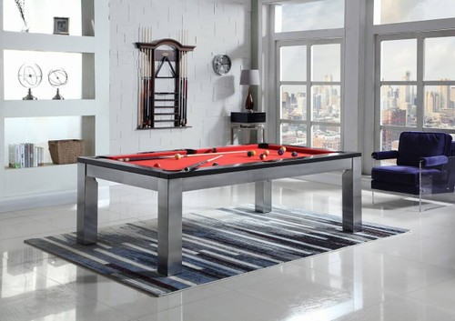 Playcraft Monaco Slate Pool Table with dining top in place, styled as a modern dining setup in a contemporary home interior