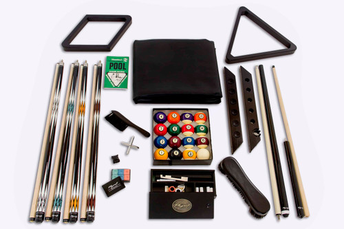 Styled top-down view showing the Playcraft Premium Billiards Accessories Kit arranged with a luxury slate pool table. Includes maple cues, black Roman wall rack, and deluxe cover for a polished game room look.

Let me know if you'd like a shorter bundle version or to link this directly from any Playcraft pool table listings as a premium accessory recommendation.