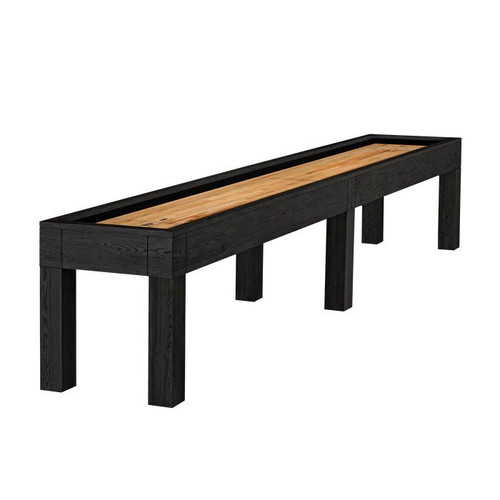 Alta Shuffleboard Table in Black Ash finish with poplar playfield, tapered legs, and abacus scoring—modern design, shown on white background.