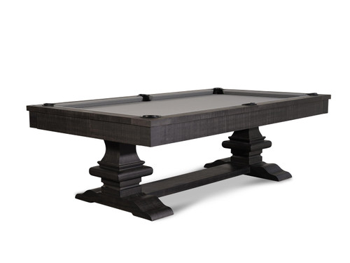 The Beaumont’s trestle base and rich Distressed Black finish are fully visible in this clean, front-facing ¾ angle—showcasing its bold stance and sculptural silhouette.