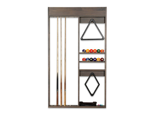 Arcadia rack fully loaded with 5 cues, bridge stick, ball set, and triangle rack. Functional layout with an upscale look.