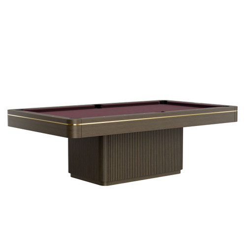 The Plank & Hide Dali Slate Pool Table showcases modern lines with a reeded wood base pedestal and sleek black or brushed greige finish, highlighted by brass or chrome diamond inlays. The table's refined silhouette and optional matching dining top create a visually commanding piece in any room.