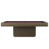 The Plank & Hide Dali Slate Pool Table showcases modern lines with a reeded wood base pedestal and sleek black or brushed greige finish, highlighted by brass or chrome diamond inlays. The table's refined silhouette and optional matching dining top create a visually commanding piece in any room.