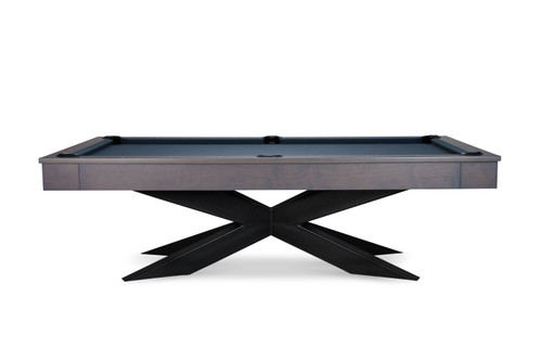 A full view of the Stealth Black Steel Pool Table, featuring the powder-coated steel legs and customizable wood top. The white background enhances the table’s minimalist design, highlighting its sleek lines and high-performance features.