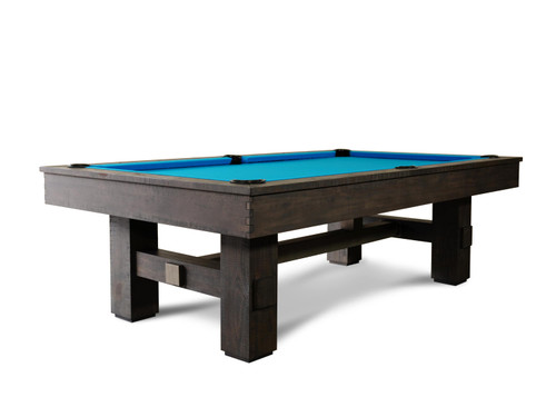 The Nixon Billiards Kemp Slate Pool Table in Weathered Slate finish, displayed on a clean white background, highlighting the rustic design with oversized rails and brushed metal cross beam.