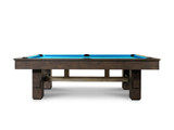 Side view of the Nixon Billiards Kemp Slate Pool Table in Weathered Slate finish, displayed on a clean white background. The rustic, industrial design is highlighted, showcasing the oversized rustic rails and sleek metal cross beam that make this table a bold centerpiece.