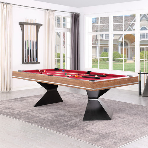 Modern game room featuring the Playcraft Valencia 8' Slate Pool Table with walnut finish and steel pedestal legs, staged with cues and accessories for gameplay