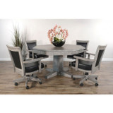 Henry reversible poker and dining table with four chairs in weathered grey finish, full five-piece set displayed