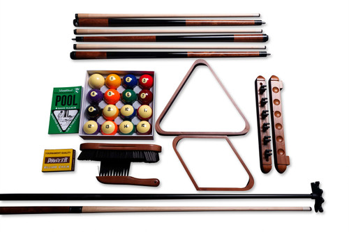 Every accessory in the Sawyer Twain Trophy Billiards Kit is displayed with intention in a pristine flat lay. The four premium 58" two-piece maple cues—with stainless steel joints and black grips—sit beside a professional 2-1/4" resin ball set, dual wooden racks, and essential game tools, showing off a complete, no-compromise kit built for serious players.