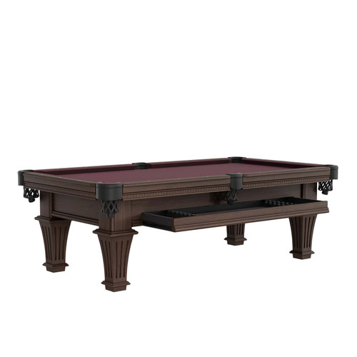 Plank & Hide Talbot 8-foot slate pool table with full-length hidden storage drawer extended, designed to store cues and accessories neatly within the frame