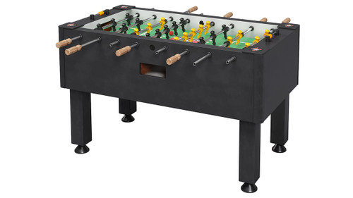 Tornado Classic Foosball Table, American crafted luxury with a sleek black textured leather laminate finish, robust cabinet walls, precision-engineered counterbalanced men, and natural solid-wood handles, designed for upscale game rooms.