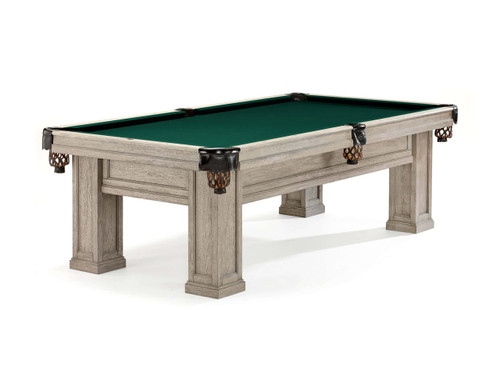 Brunswick Oakland 8-foot slate pool table in Rustic Grey finish, shown at a three-quarter angle with solid wood rails and leather drop pockets.