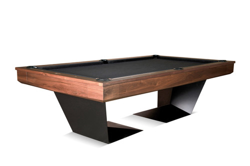 Showcasing the sleek, modern design of the TRON Steel & Slate Pool Table in Walnut, this image highlights the elegant combination of polished steel and rich walnut against a clean white backdrop. The striking contrast emphasizes the high-end materials and meticulous craftsmanship, making this table the perfect statement piece for any luxury game room.