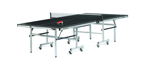 Front-facing view of the Brunswick Smash 7.0 Indoor Table Tennis Table showcasing its sleek black 25mm MDF play surface, sturdy frame, and foldable design for easy storage.