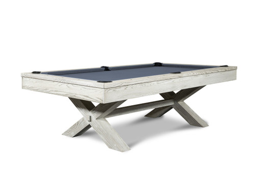 CrissyCross Whitewash Slate Pool Table by Nixon Billiards, showcasing the contemporary X-leg design. A clean ¾ view highlighting the sleek finish and premium craftsmanship.