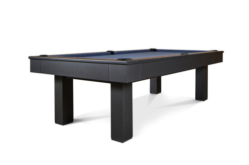 The Zurich Pool Table by Doc & Holliday, featured in a sleek black finish, showcasing its modern slate design and handcrafted solid wood construction. A bold centerpiece for contemporary interiors.