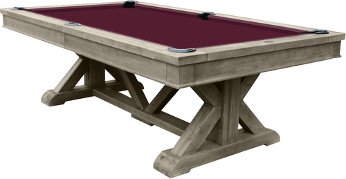 Angled front view of the Playcraft Brazos River 8' Slate Pool Table in Weathered Gray finish, highlighting the trestle-style legs and natural wood texture.