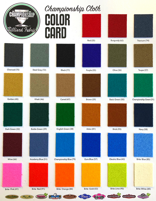 Championship Invitational Felt Color Swatch Card displaying an array of premium, spill-proof felt colors. Ideal for selecting the perfect match for billiard or pool tables.