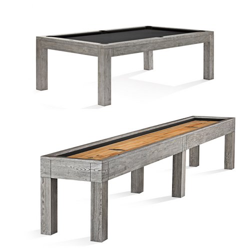 A front-facing hero image showcasing the Brunswick Sanibel Pool Table and Shuffleboard Table side by side in a clean white background setting. Both finished in Rustic Grey, this photo highlights the minimalist lines, sturdy hardwood construction, and cohesive modern-rustic design. Ideal for visualizing how this matching combo creates a unified, upscale game room centerpiece.