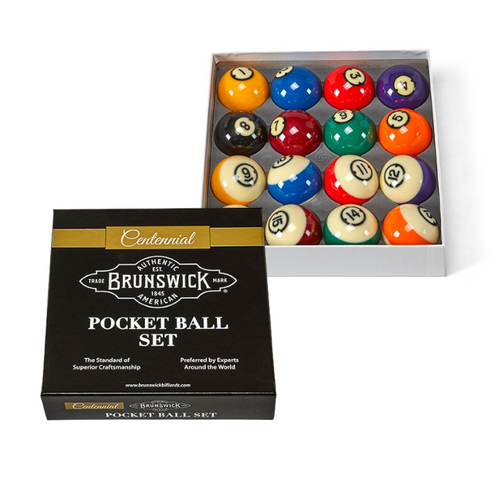 A crisp, high-resolution image of the complete Brunswick Billiards Centennial Pocket Ball Set on a pure white background. Each ball showcases a translucent ivory base and signature “dart” markings for easy identification. A rich color palette, including bright solids and vibrant stripes, highlights the premium phenolic resin construction. The official WPBA endorsement is implied here, reinforcing the set’s professional-grade status. Ideal for customers looking to see every ball’s design at a glance.